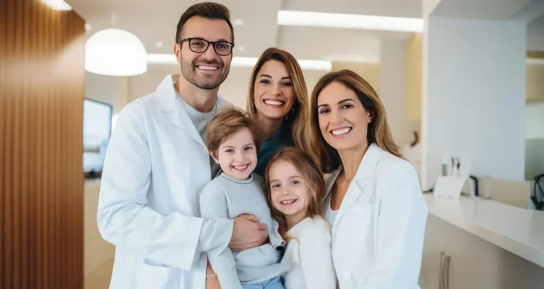 Two dentists and a smiling mother standing with two young children in a dental office, showing a welcoming family-friendly environment.