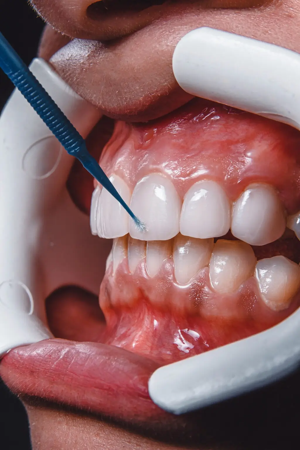 Close-up of a patient’s mouth during veneer application, with a dental tool placing bonding material on the front teeth.